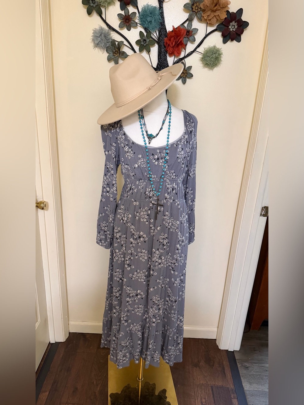 Women’s boho Floral Long Sleeve Maxi Dress — Gray